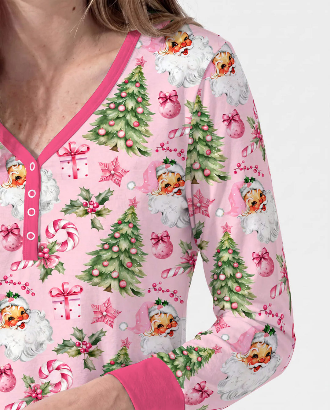 Pink Vintage Santa Christmas Tree Bamboo Women Pajama Set