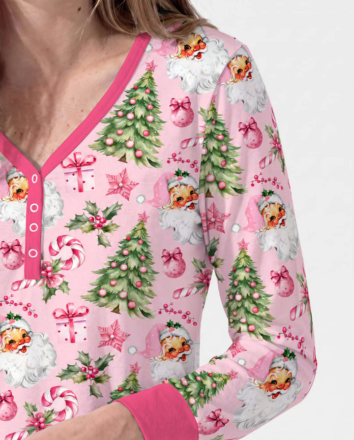 Pink Vintage Santa Christmas Tree Bamboo Women Pajama Set
