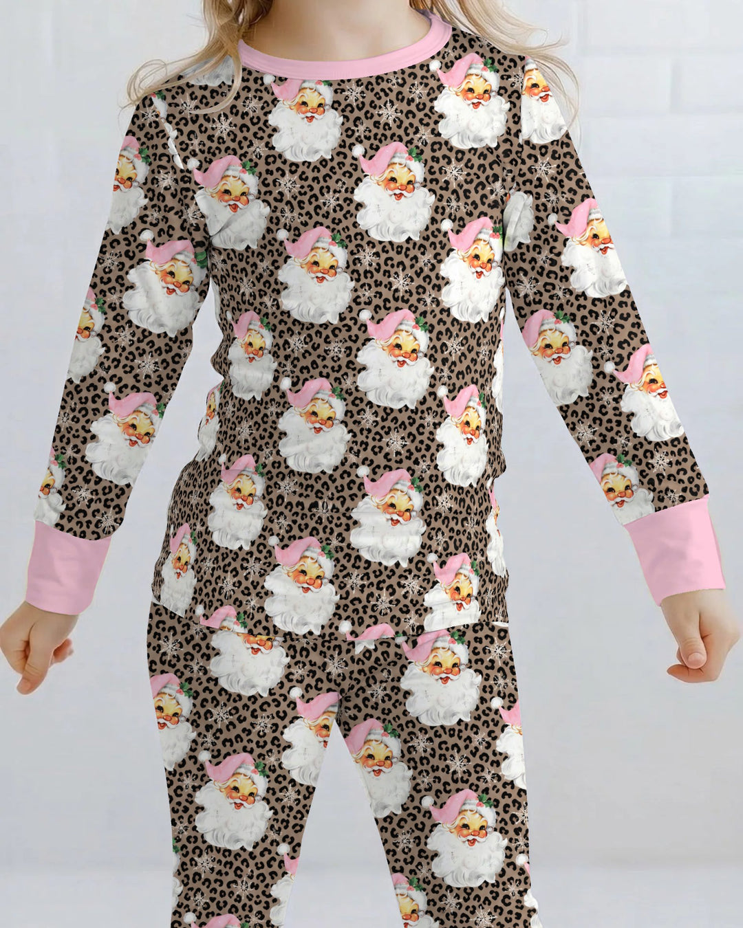 Pink Santa Leopard Print Christmas Bamboo Two Piece Long Sleeve Pajama Set