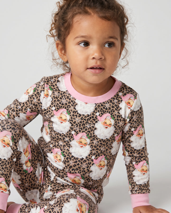 Pink Santa Leopard Print Christmas Bamboo Two Piece Long Sleeve Pajama Set