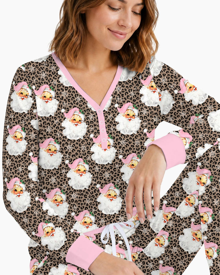 Pink Santa Leopard Print Christmas Bamboo Women Pajama Set