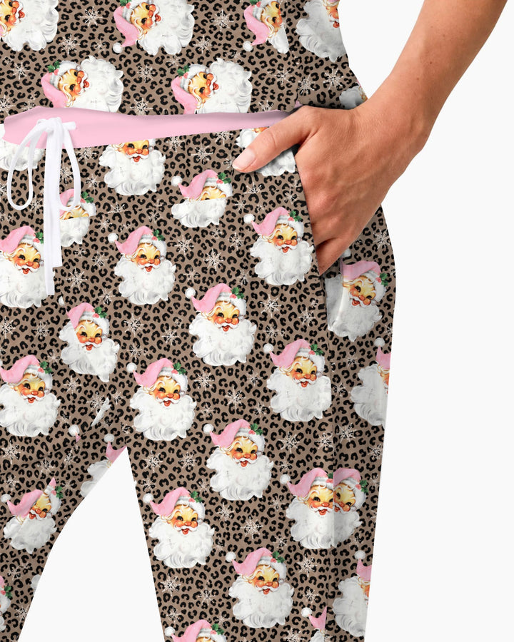 Pink Santa Leopard Print Christmas Bamboo Women Pajama Set