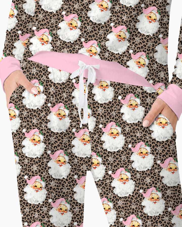 Pink Santa Leopard Print Christmas Bamboo Women Pajama Set