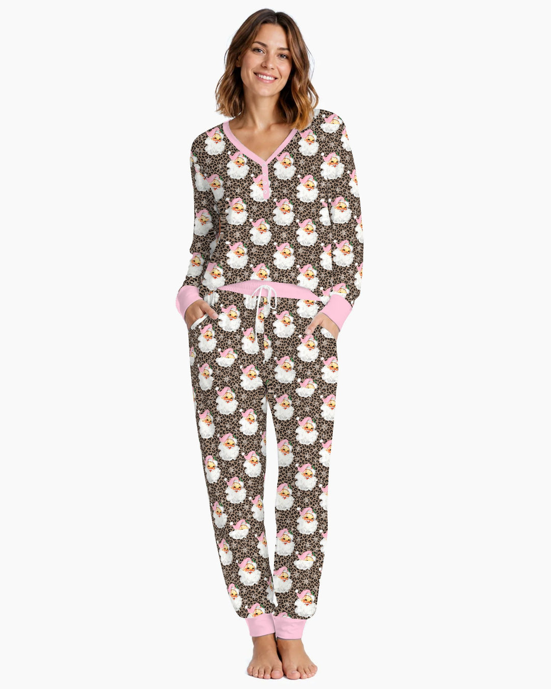 Pink Santa Leopard Print Christmas Bamboo Women Pajama Set