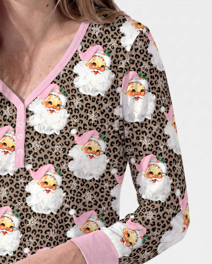 Pink Santa Leopard Print Christmas Bamboo Women Pajama Set