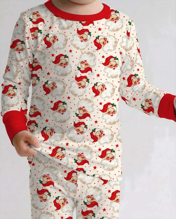 Vintage Santa Red Star Christmas Bamboo Two Piece Long Sleeve Pajama Set