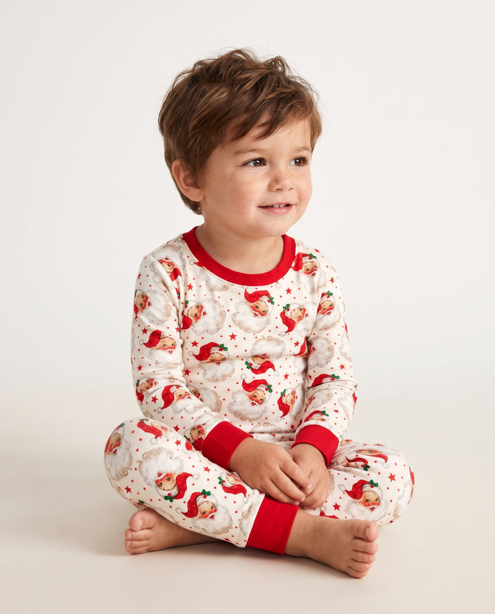 Vintage Santa Red Star Christmas Bamboo Two Piece Long Sleeve Pajama Set