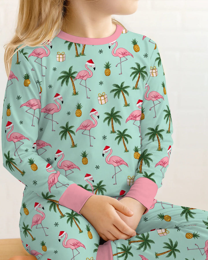 Tropical Christmas Flamingo Palm Tree Bamboo Two Piece Long Sleeve Pajama Set
