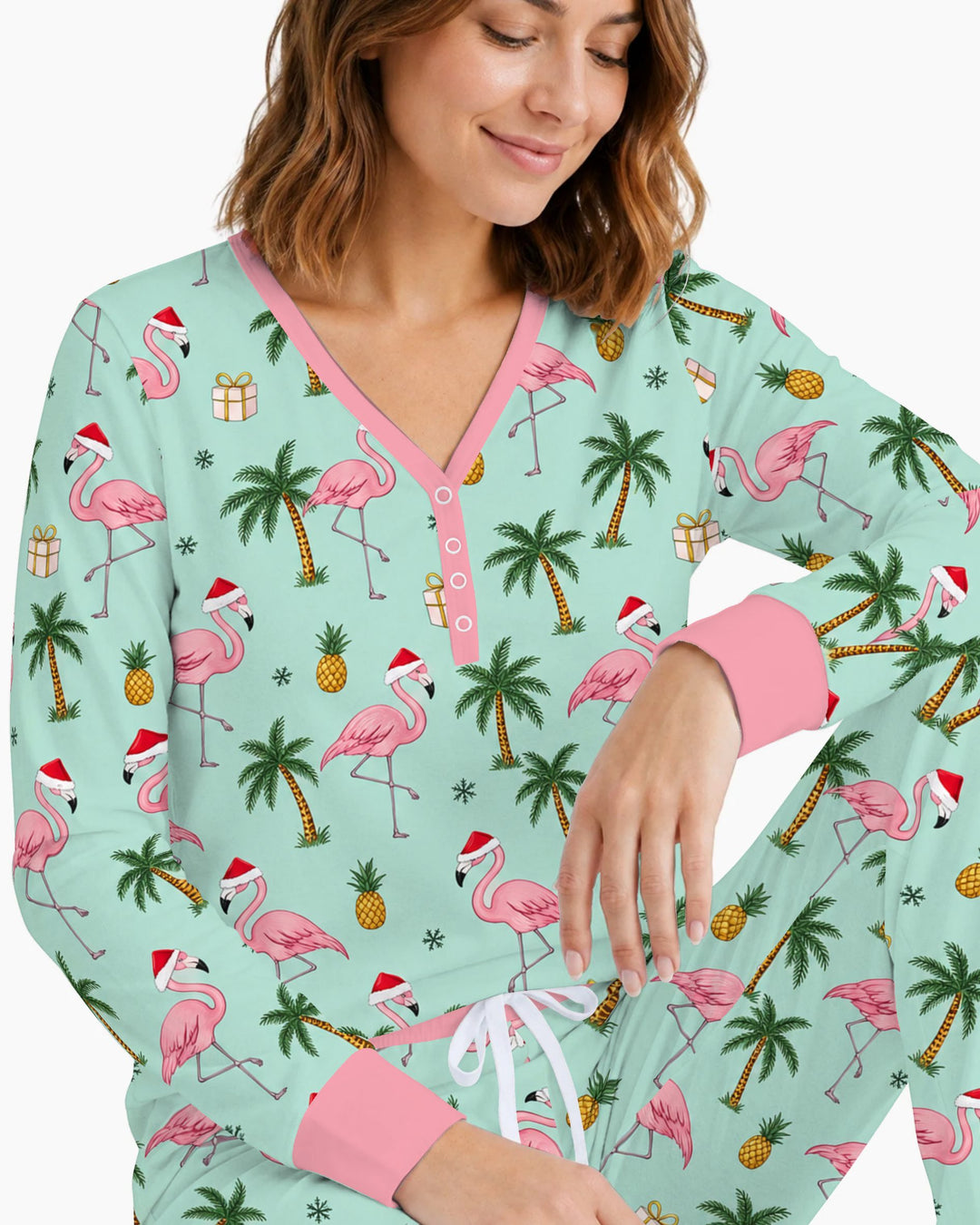 Tropical Christmas Flamingo Palm Tree Bamboo Women Pajama Set