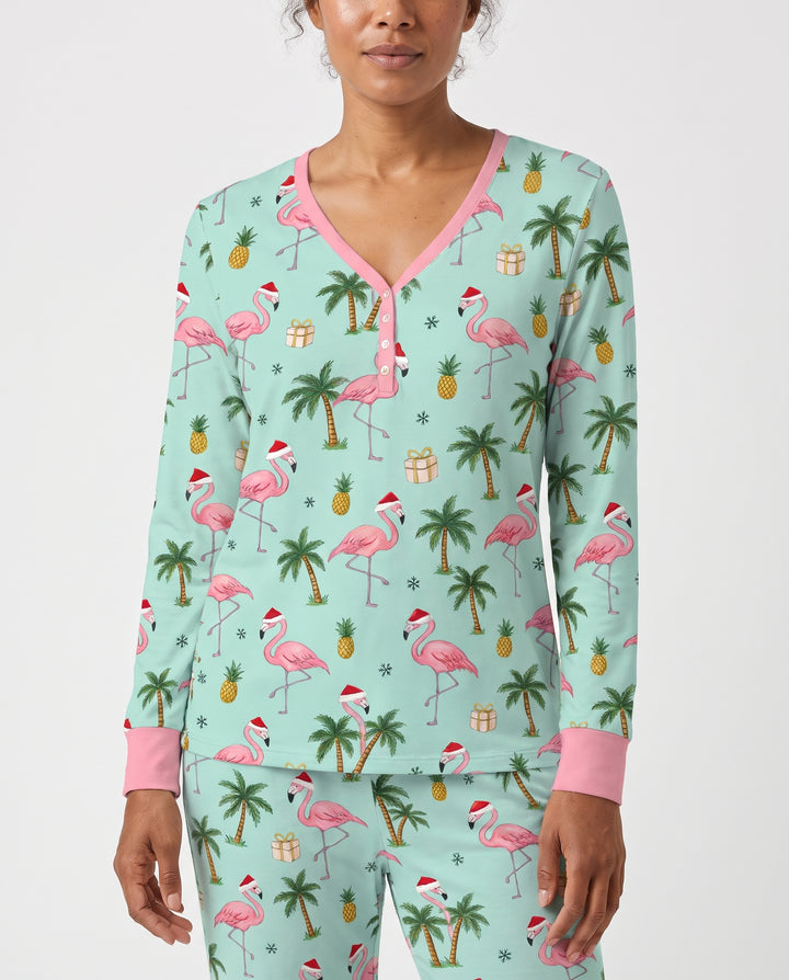 Tropical Christmas Flamingo Palm Tree Bamboo Women Pajama Set