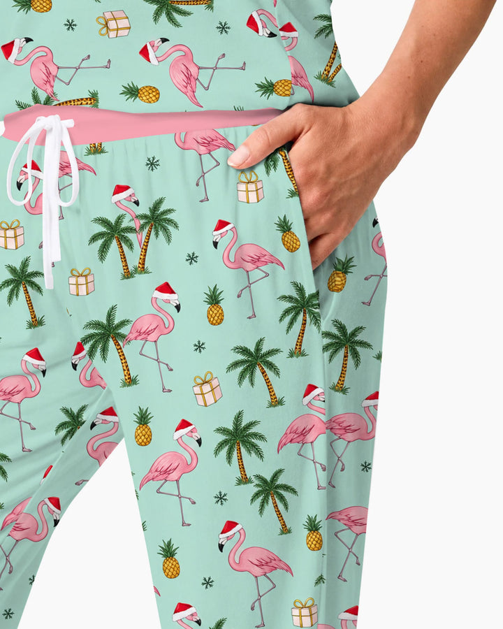 Tropical Christmas Flamingo Palm Tree Bamboo Women Pajama Set
