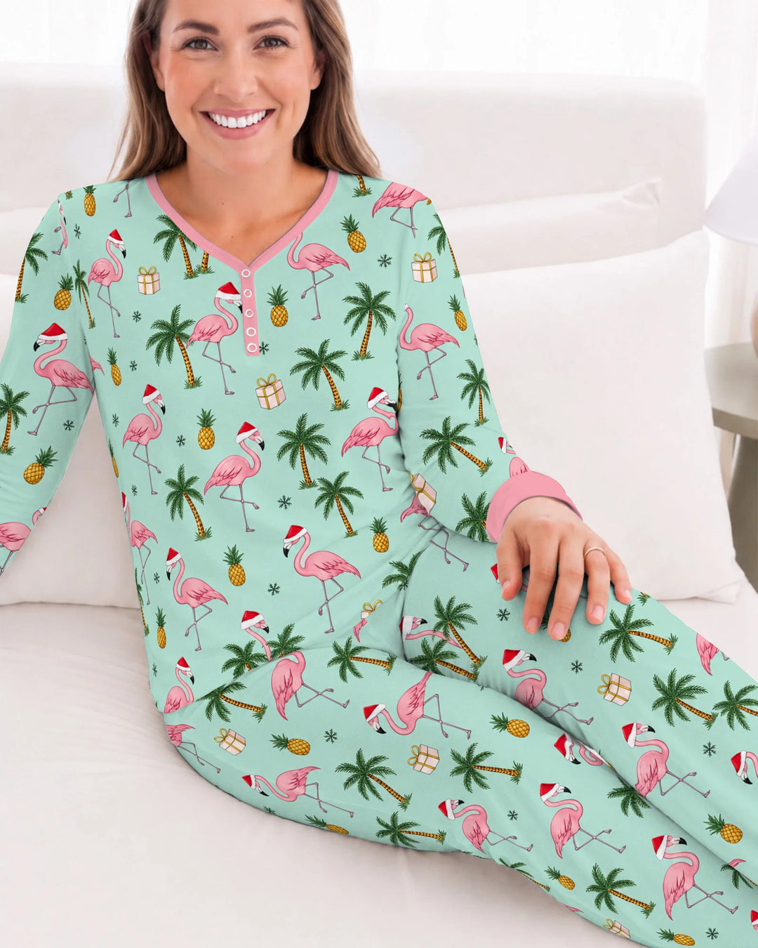 Tropical Christmas Flamingo Palm Tree Bamboo Women Pajama Set