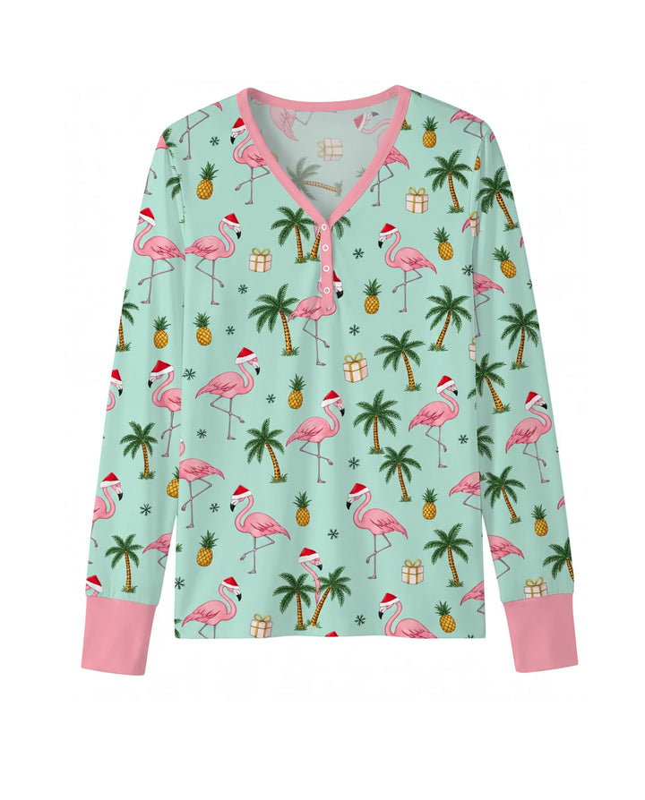 Tropical Christmas Flamingo Palm Tree Bamboo Women Pajama Set