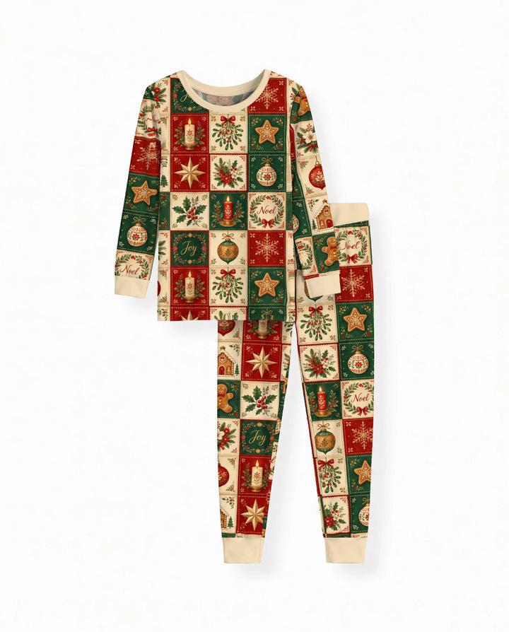 Vintage Christmas Holiday Patchwork Bamboo Two Piece Long Sleeve Pajama Set