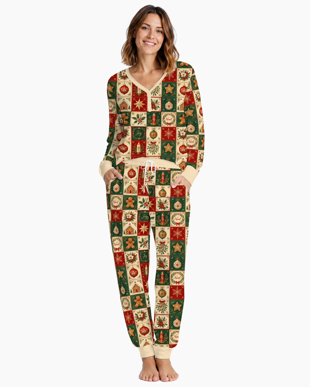 Vintage Christmas Holiday Patchwork Bamboo Women Pajama Set