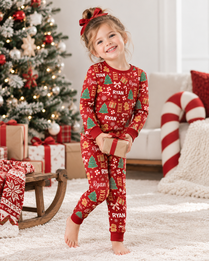 Custom Name Christmas Crew Family Matching Bamboo Two Piece Long Sleeve Pajama Set