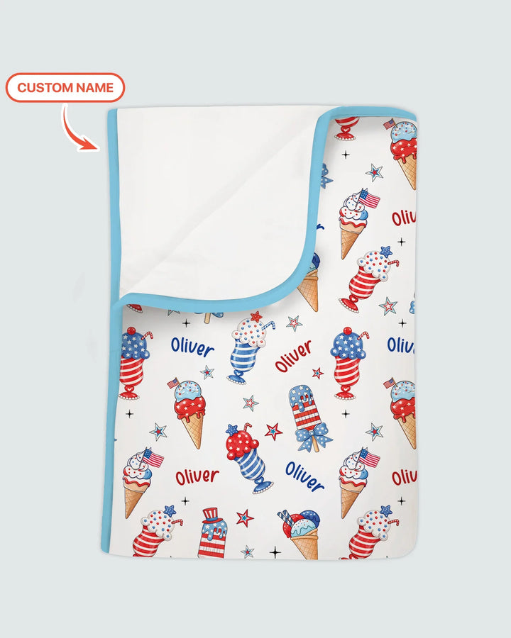 Manta de bambú roja, blanca y con helado con nombre personalizado