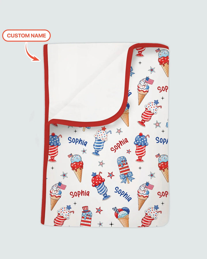 Manta de bambú roja, blanca y con helado con nombre personalizado