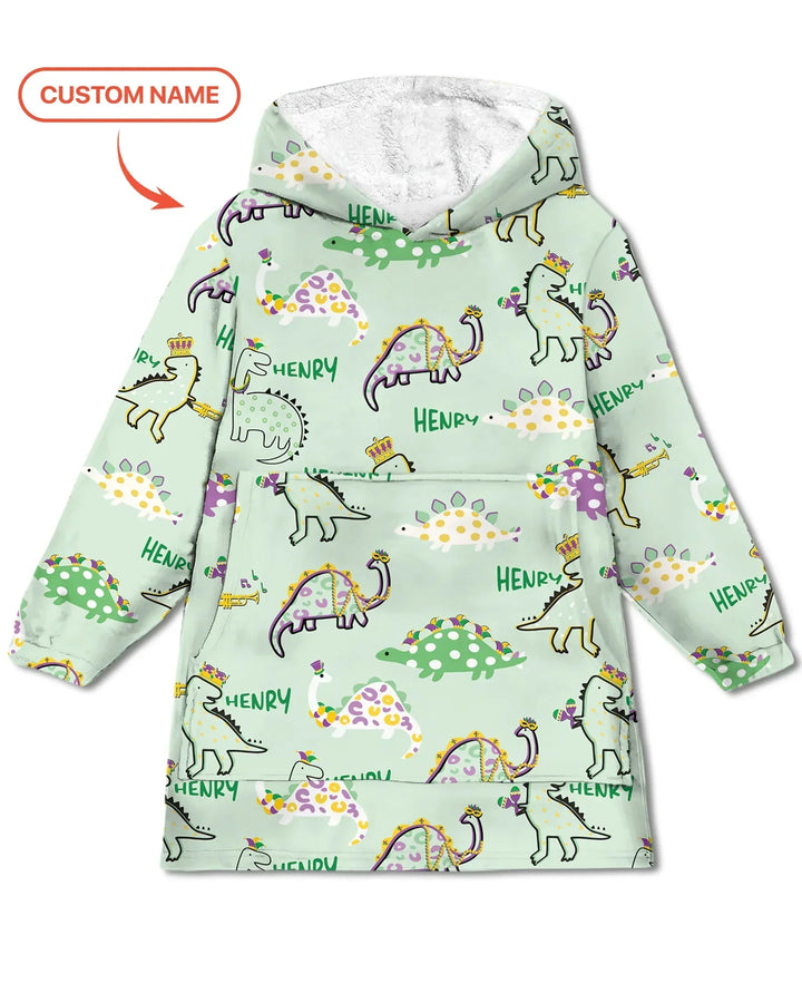 Custom Name Mardi Gras Saurus Wearable Bamboo Blanket Hoodie