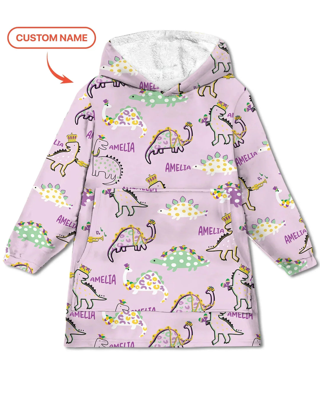 Custom Name Mardi Gras Saurus Wearable Bamboo Blanket Hoodie