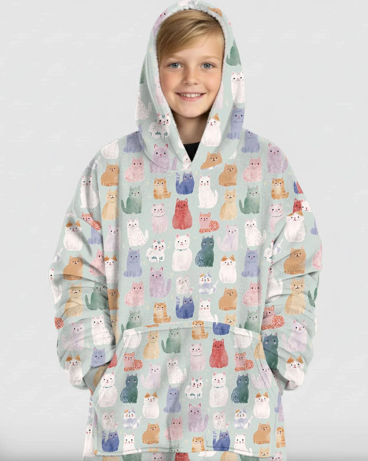 Enchanted Happy Kitty Family Matching Custom Bamboo Blanket Hoodie