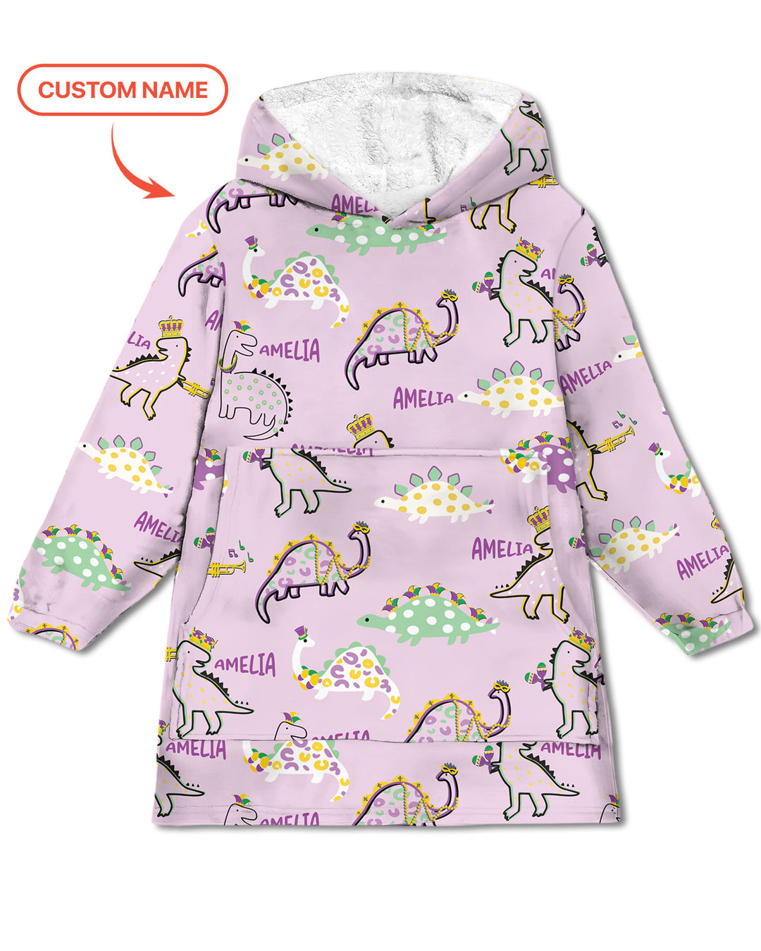 Custom Name Mardi Gras Saurus Wearable Blanket Hoodie
