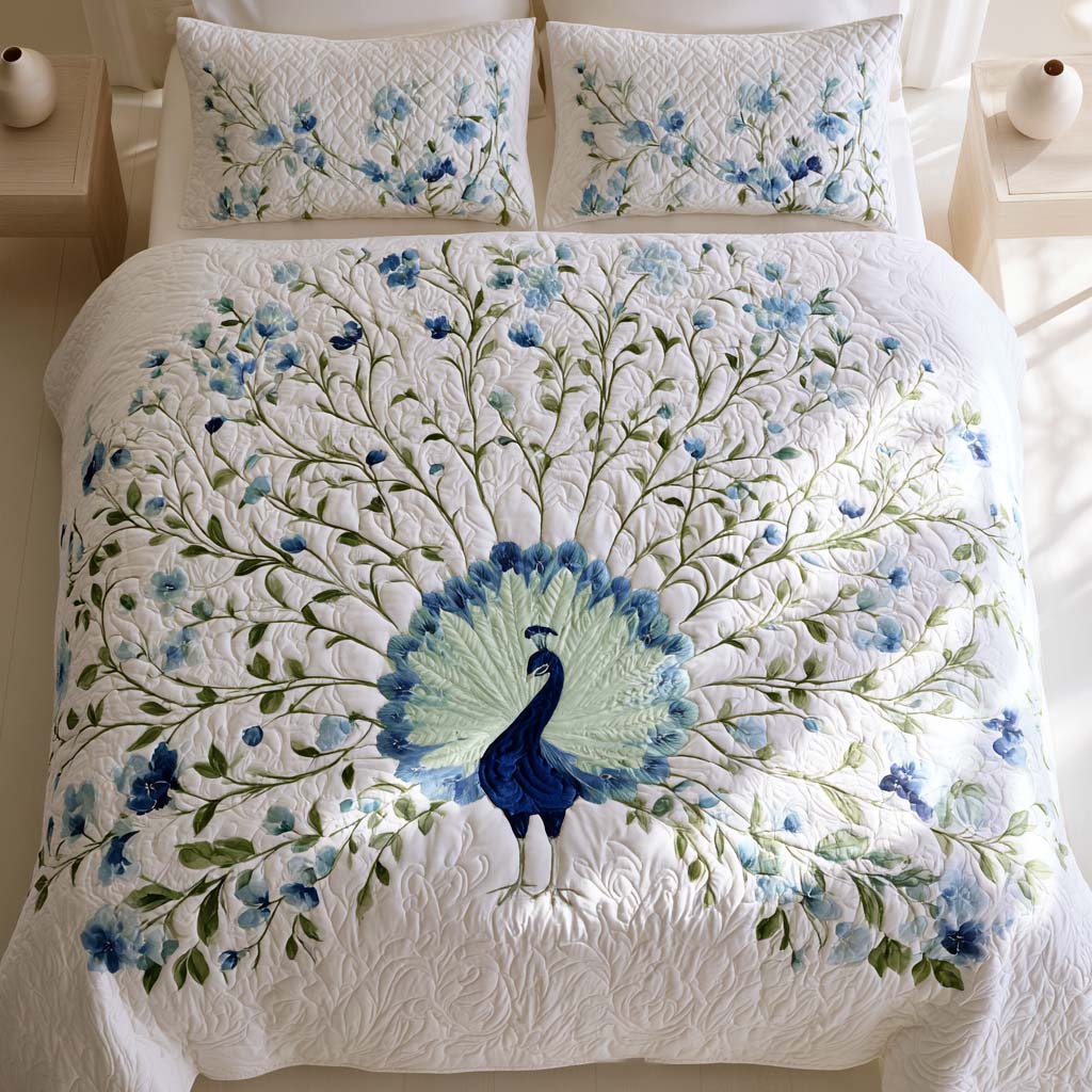 Blue Peacock Blossom Tree Bamboo Quilt Bedding Set
