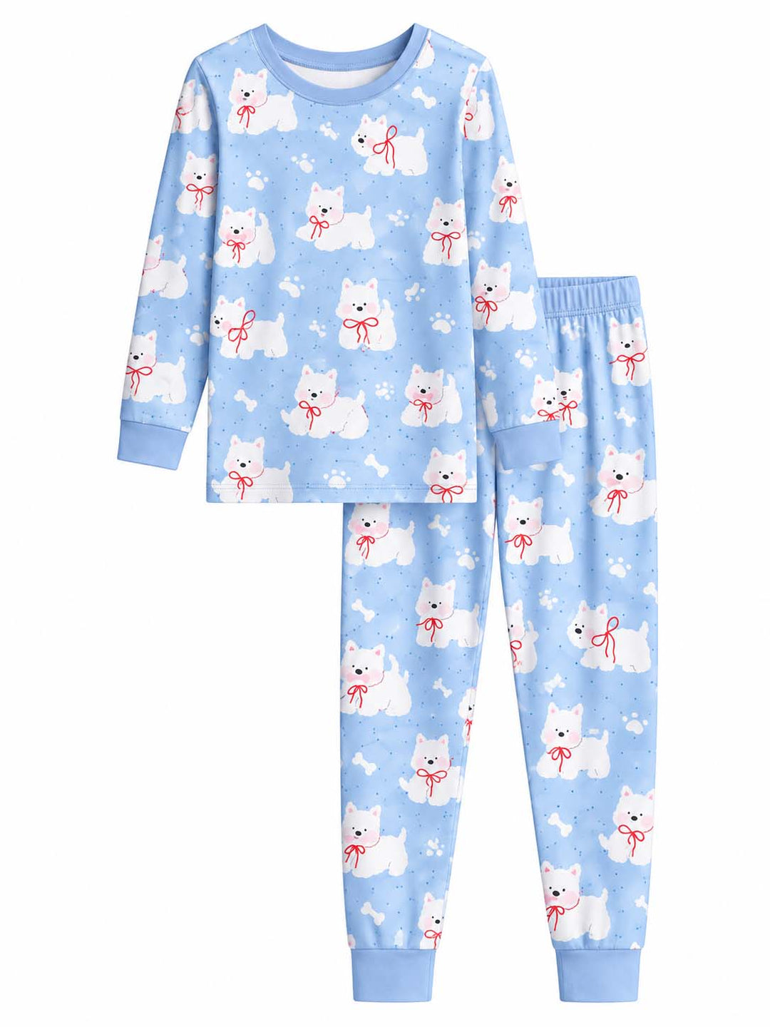 Blue White Puppy Red Bow Bamboo Two Piece Long Sleeve Pajama Set