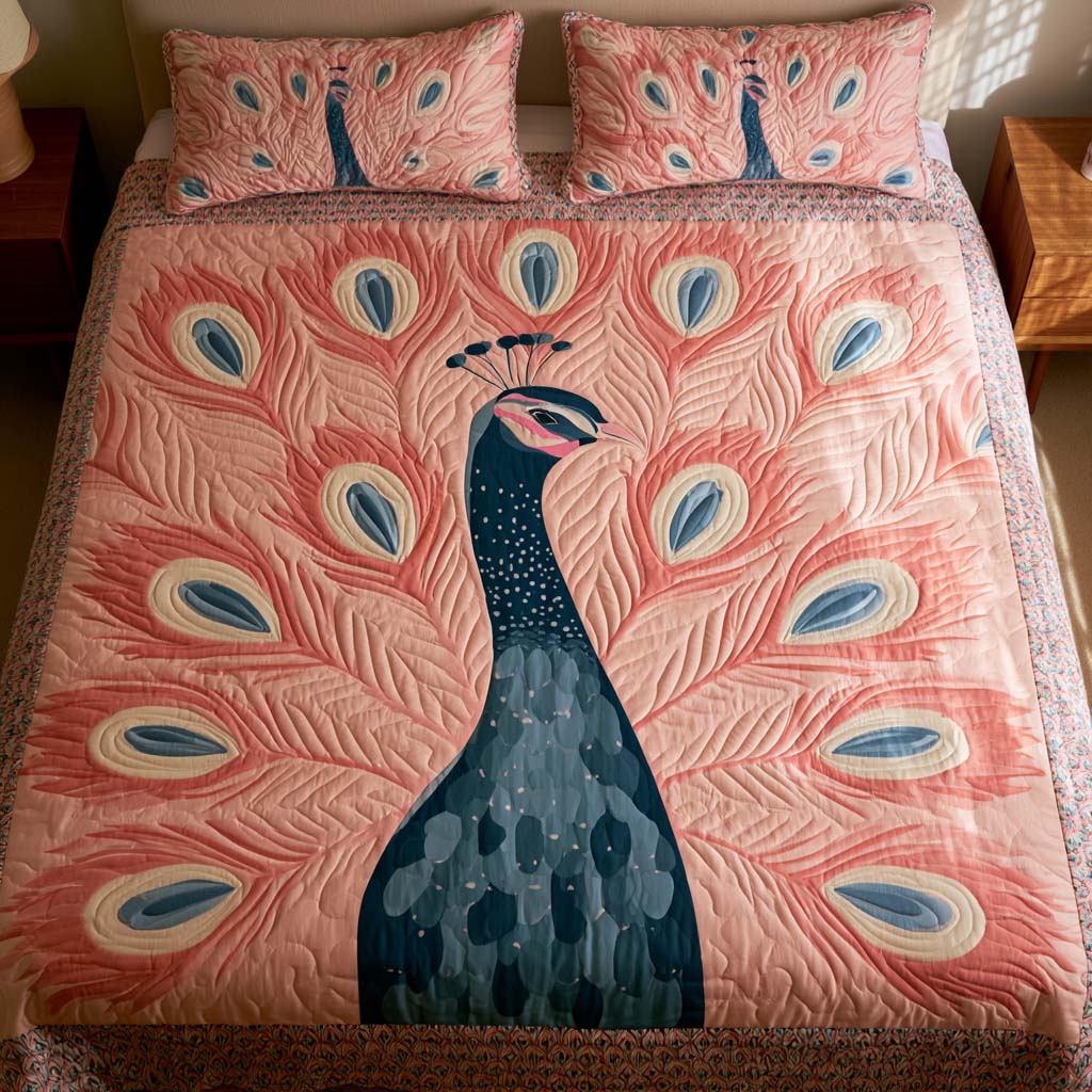 Blush Pink Peacock Feathers Bamboo Quilt Bedding Set