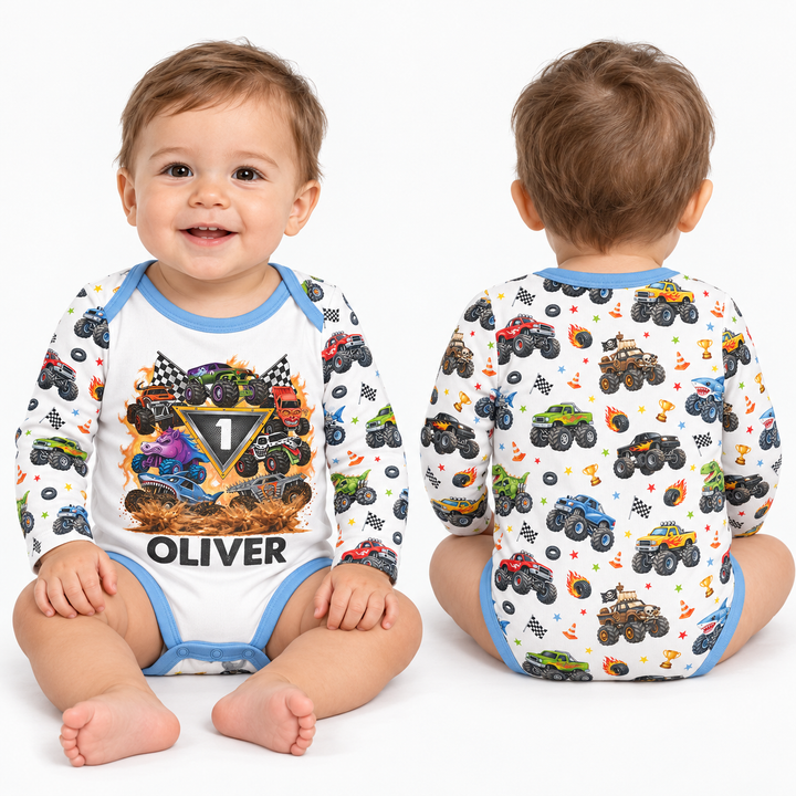 Personalized Monster Trucks Birthday Boy Bamboo Bodysuit