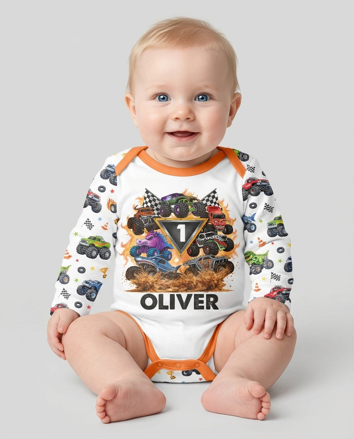 Personalized Monster Trucks Birthday Boy Bamboo Bodysuit