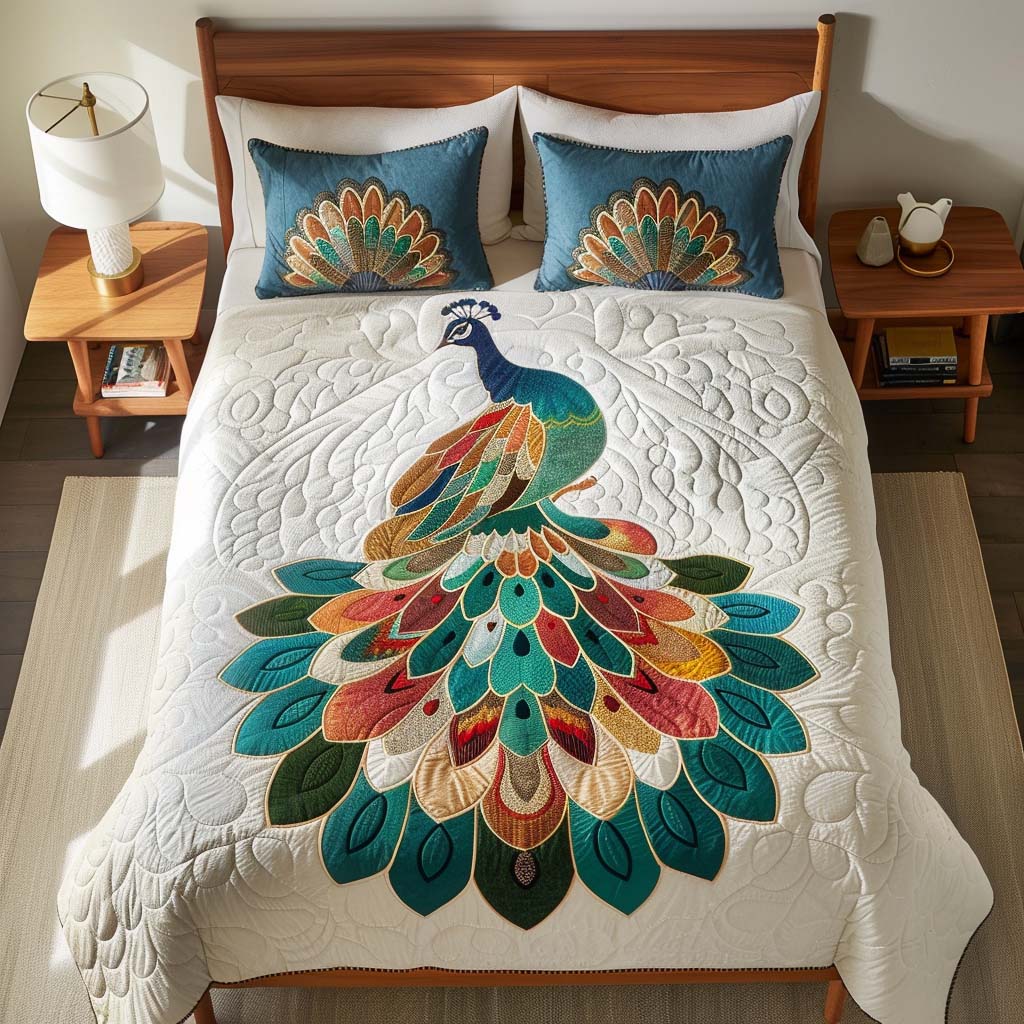 Bohemian Peacock Feather Bloom Bamboo Quilt Bedding Set