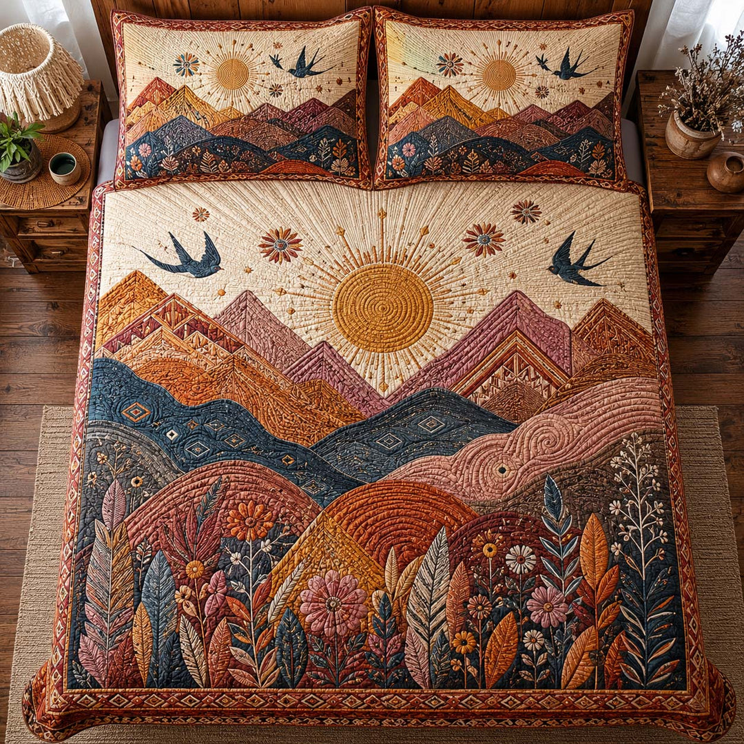 Boho Mountain Garden Bamboo Quilt Bedding Set