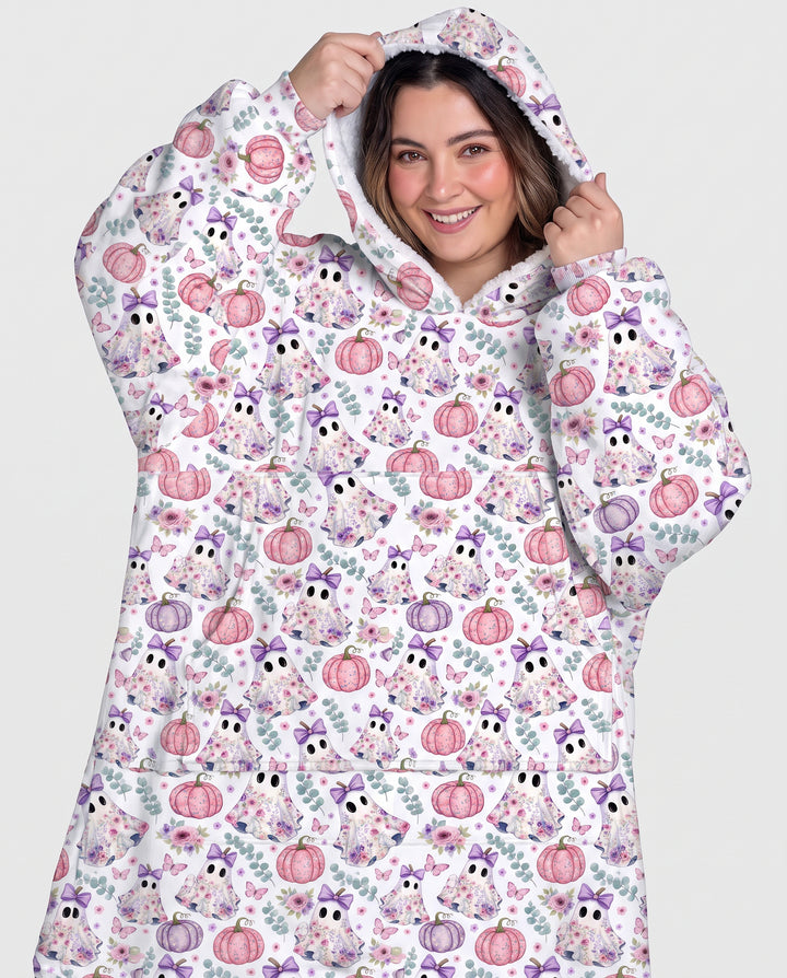 Floral Ghost & Pumpkin Garden Bamboo Blanket Hoodie