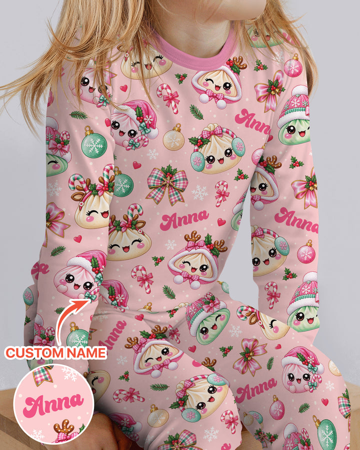 Custom Name Kawaii Christmas Dumpling Bamboo Two Piece Long Sleeve Pajama Set