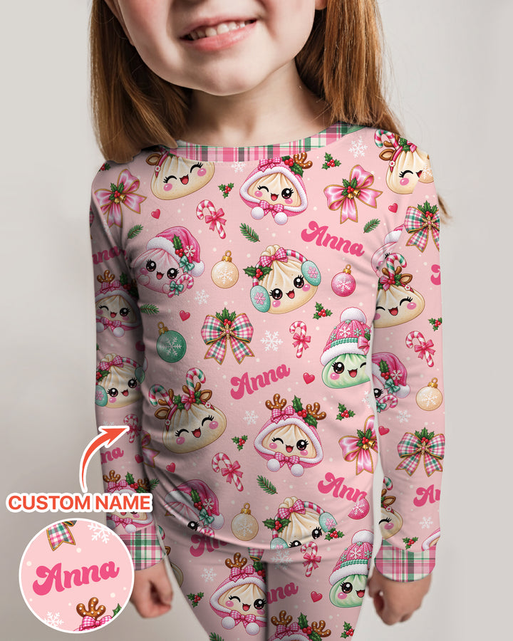 Custom Name Kawaii Christmas Dumpling Bamboo Two Piece Long Sleeve Pajama Set