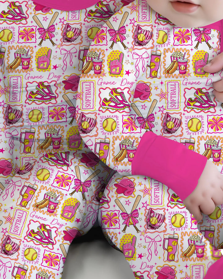 Pink Softball Game Day Bamboo Two Piece Long Sleeve Pajama Set