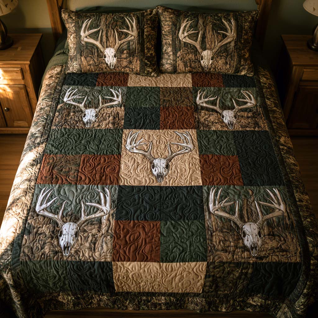 Camo Deer Skull Patchwork Bamboo Quilt Bedding Set