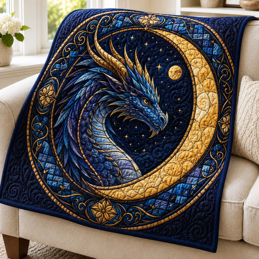 Celestial Blue Dragon Crescent Moon Bamboo Quilt Blanket