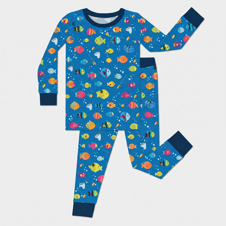 Conjunto de pijama de dos piezas de manga larga de bambú personalizado "La aventura del pequeño pescador"