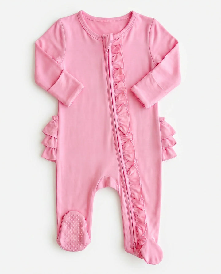 Solid Color Zipper Ruffle Footie