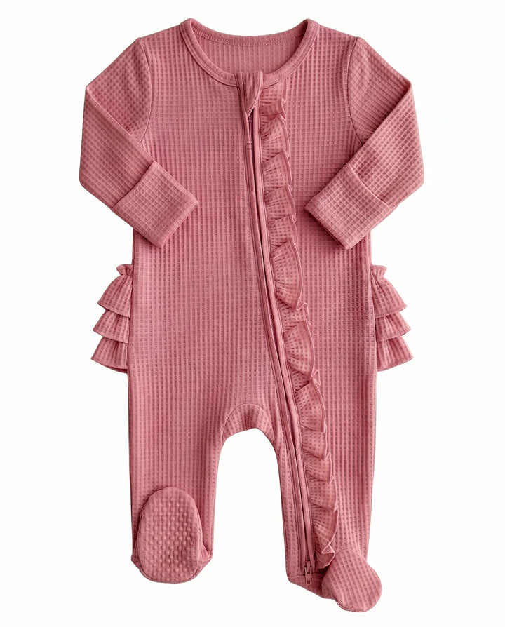 Waffle Zipper Ruffle Footie