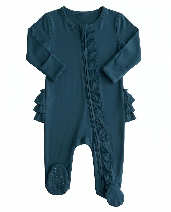 Solid Color Zipper Ruffle Footie
