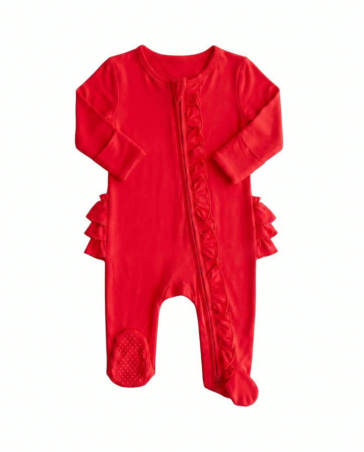 Solid Color Zipper Ruffle Footie