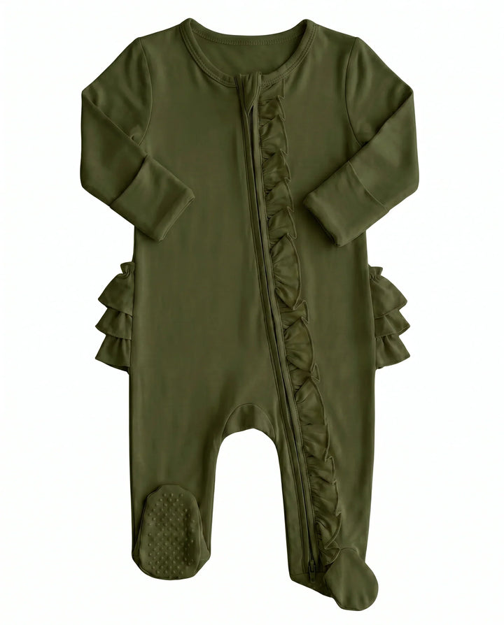 Solid Color Zipper Ruffle Footie