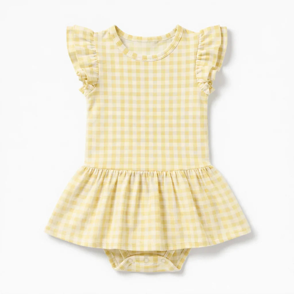 Gingham Bamboo Cap Sleeve Ruffle Dress