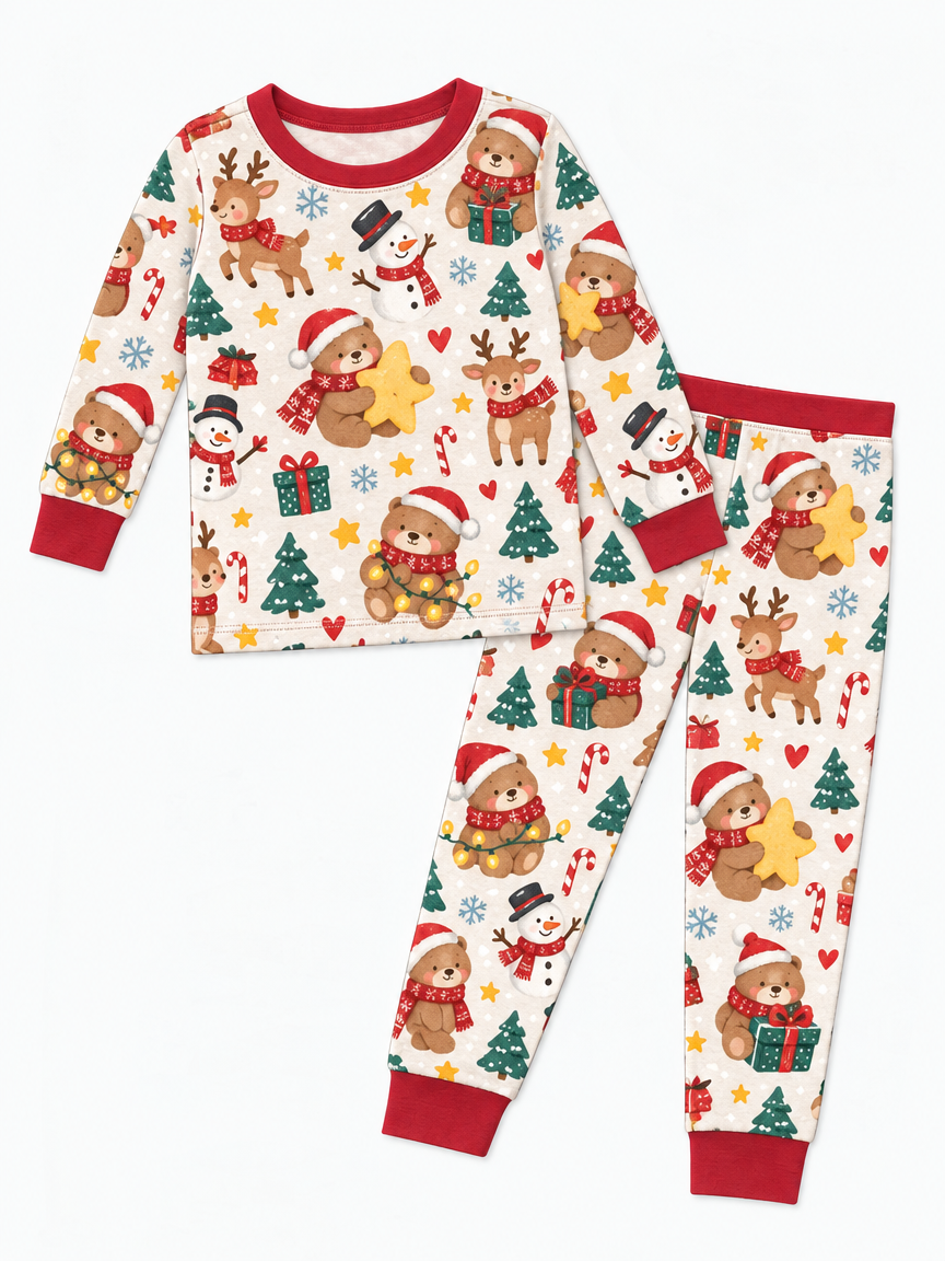Teddy Bears Hugging Christmas Bamboo Two Piece Long Sleeve Pajama Set