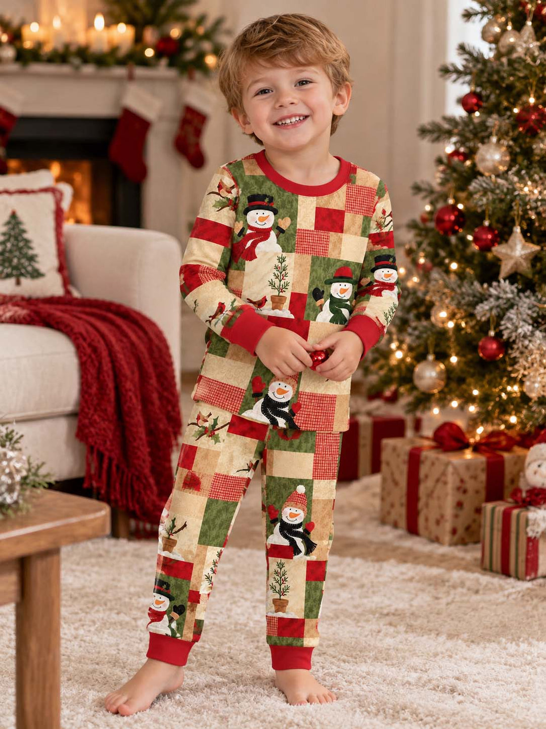 Christmas Snowman Patchwork Bamboo Two Piece Long Sleeve Pajama Set