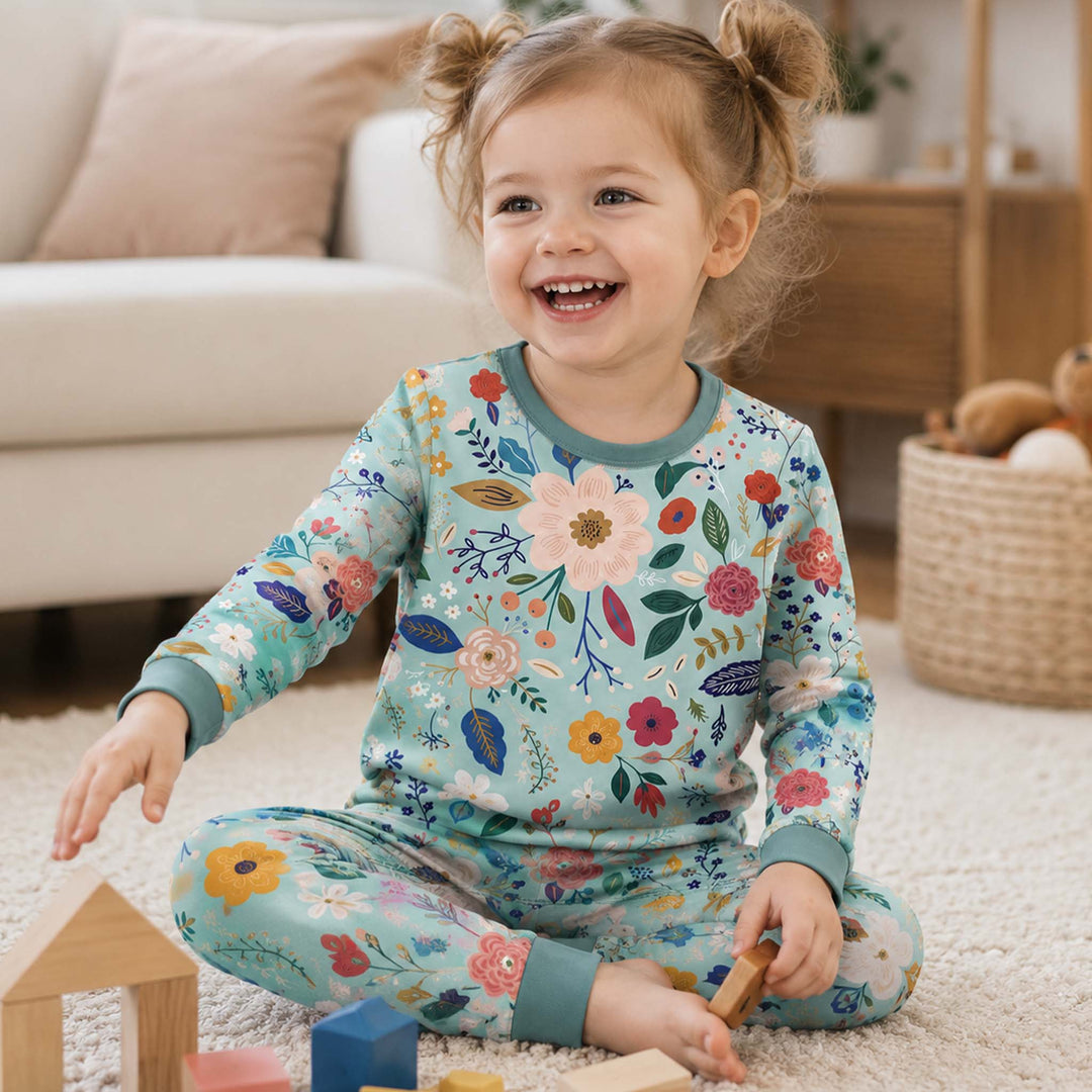 Colorful Floral Bloom Bamboo Two Piece Long Sleeve Pajama Set