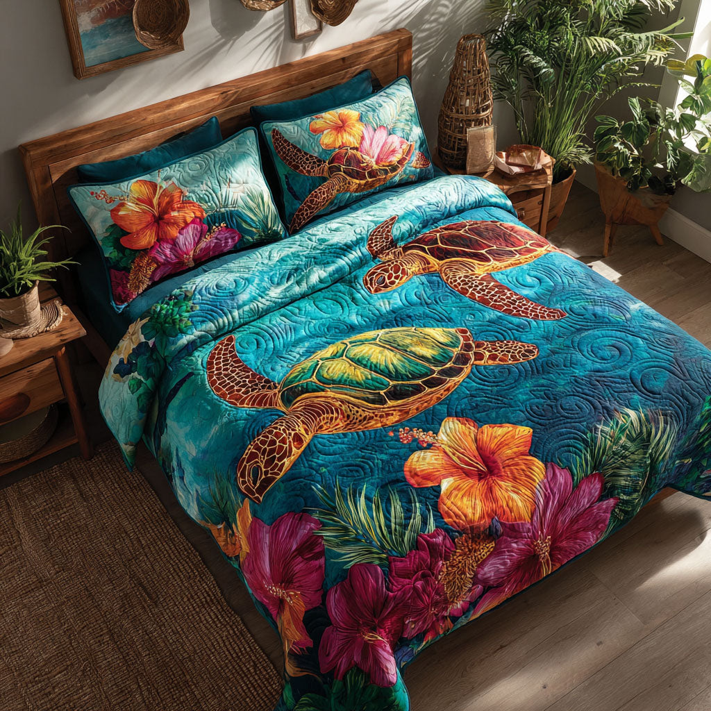 Coral Turtle Bamboo Quilt Bedding Set